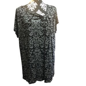 Merona Gray & Black Damask Print Blouse Size 2 (2x) Rayon Stretch Knit Top